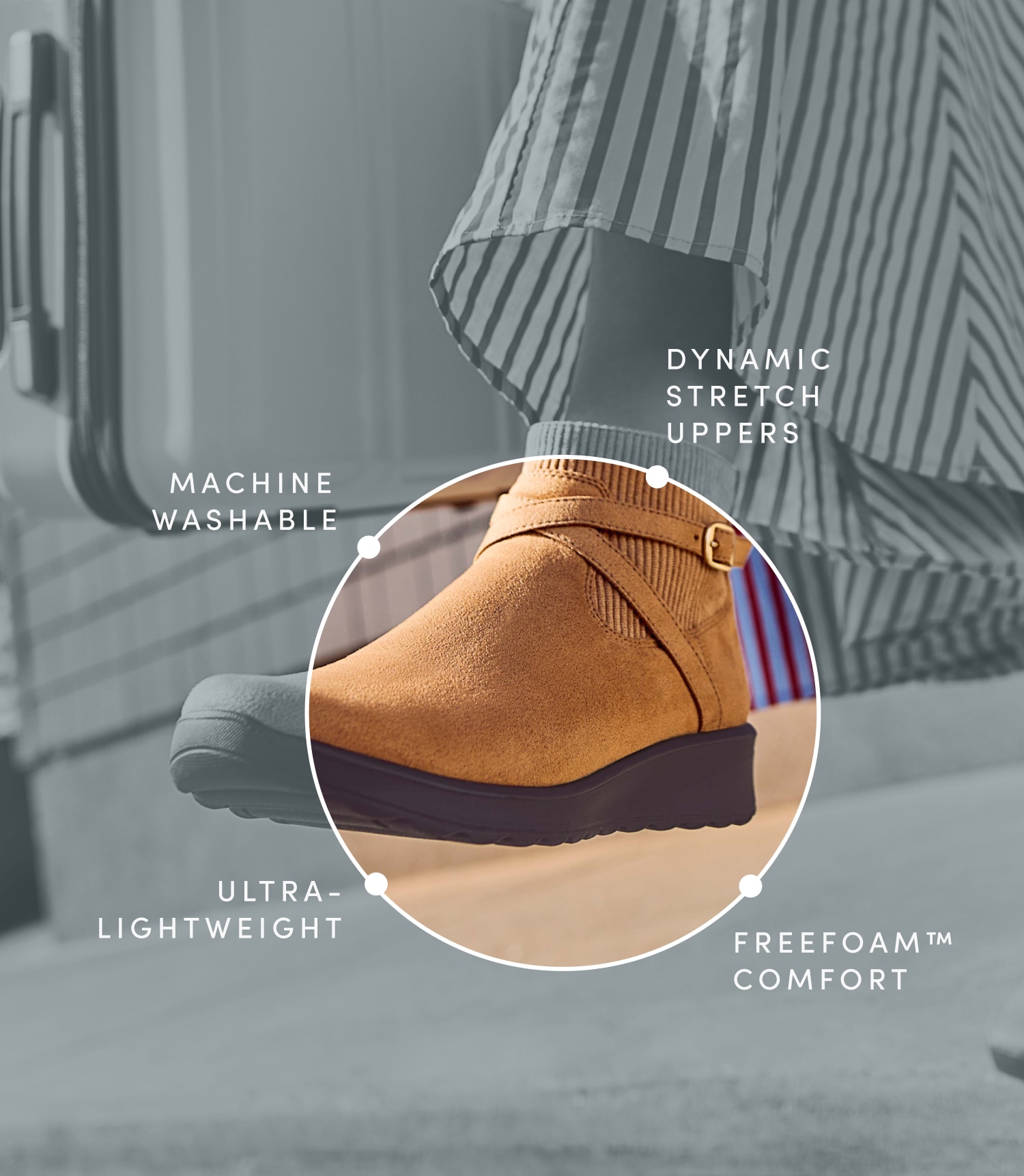 DYNAMIC STRETCH UPPERS. MACHINE WASHABLE. ULTRA- LIGHTWEIGHT. FREEFOAM™ COMFORT.
