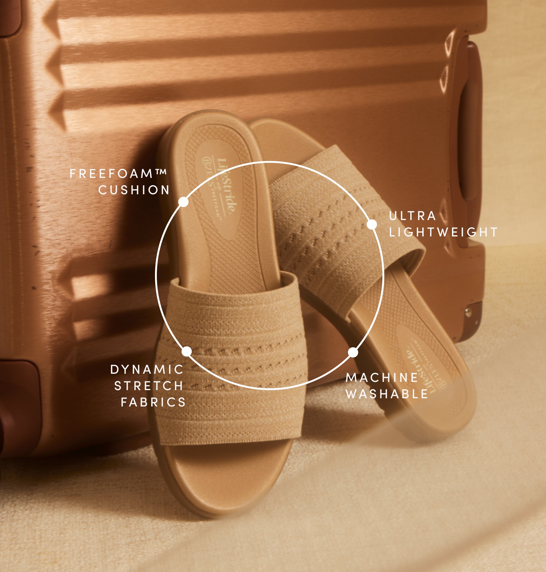Tan knit slide sandals leaning on a suitcase, with labels saying FreeFoam cushion, dynamic stretch fabrics, ultra lightweight, and machine washable.