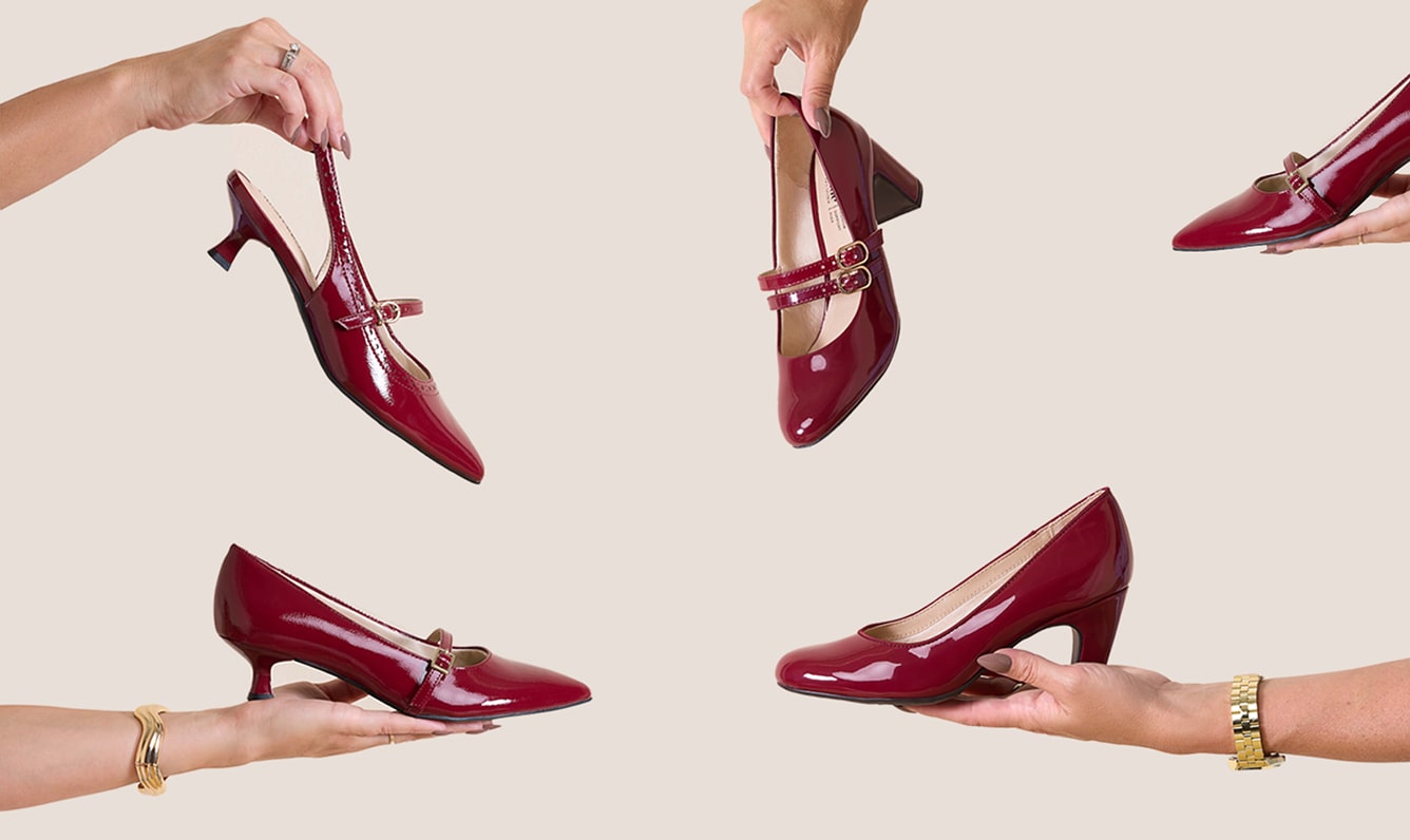 Model’s hands holding a variety of LifeStride heels, slingbacks and mary jane heels for women in the dark cherry red color.