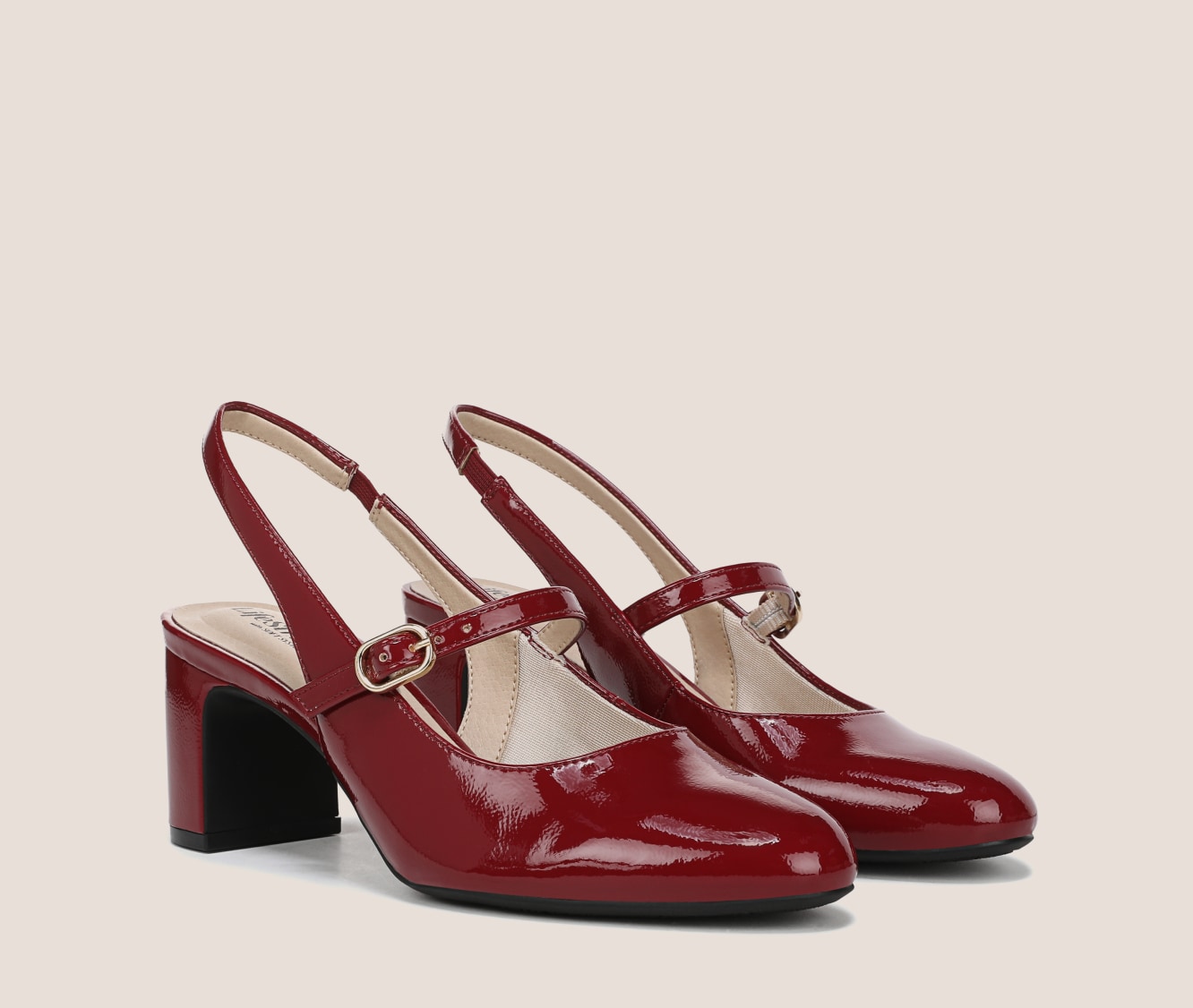 The Trust slingback block heel with a mary jane strap, in the color dark cherry red.