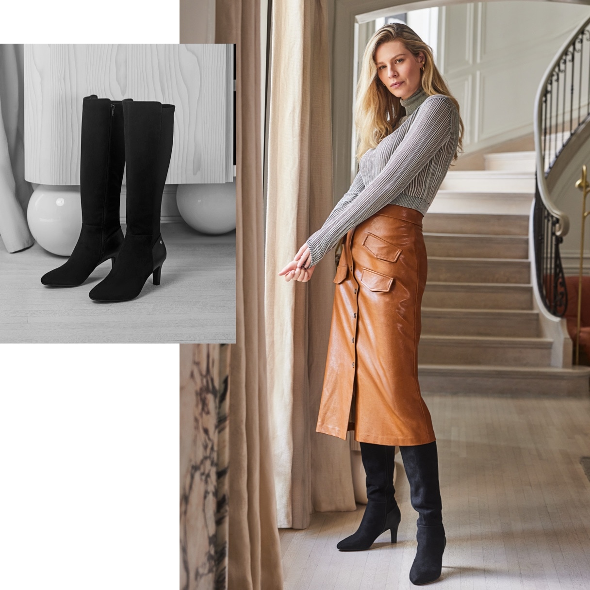 model wearing the gracie knee high boot in black