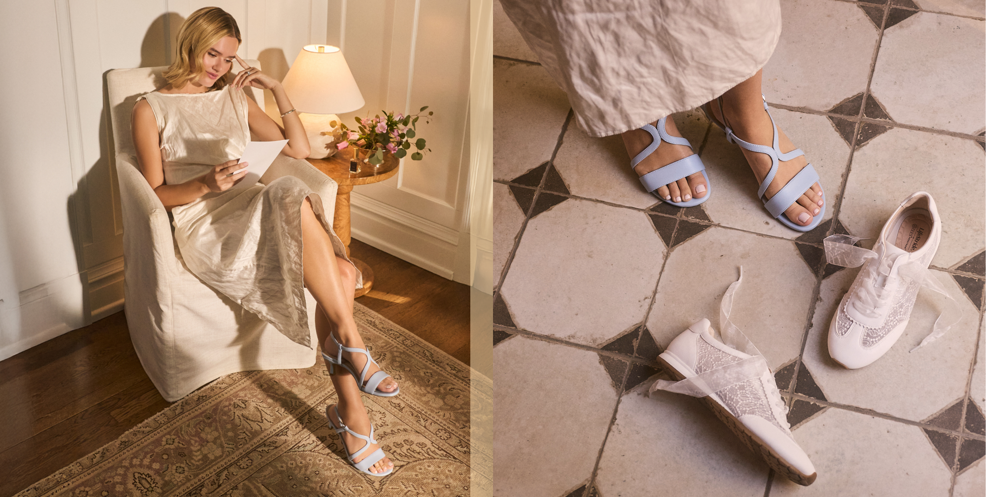 A woman sitting wearing light blue heeled slingbacks. On the right is a closeup of the sandals and a pair of white lace sneakers laying on the floor. 