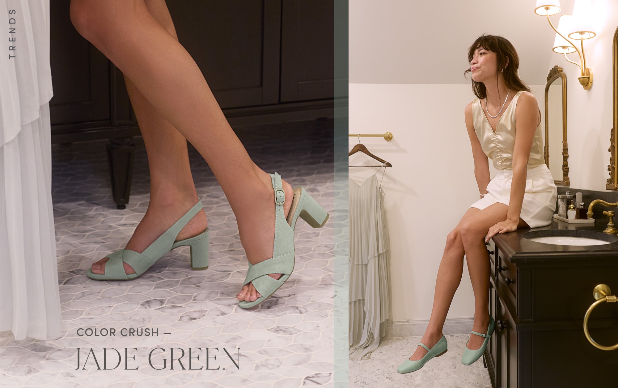 A woman wearing green heeled slingbacks with text reading “Color Crush — Jade Green.” She is on the right in a white outfit and green Mary Jane flats.