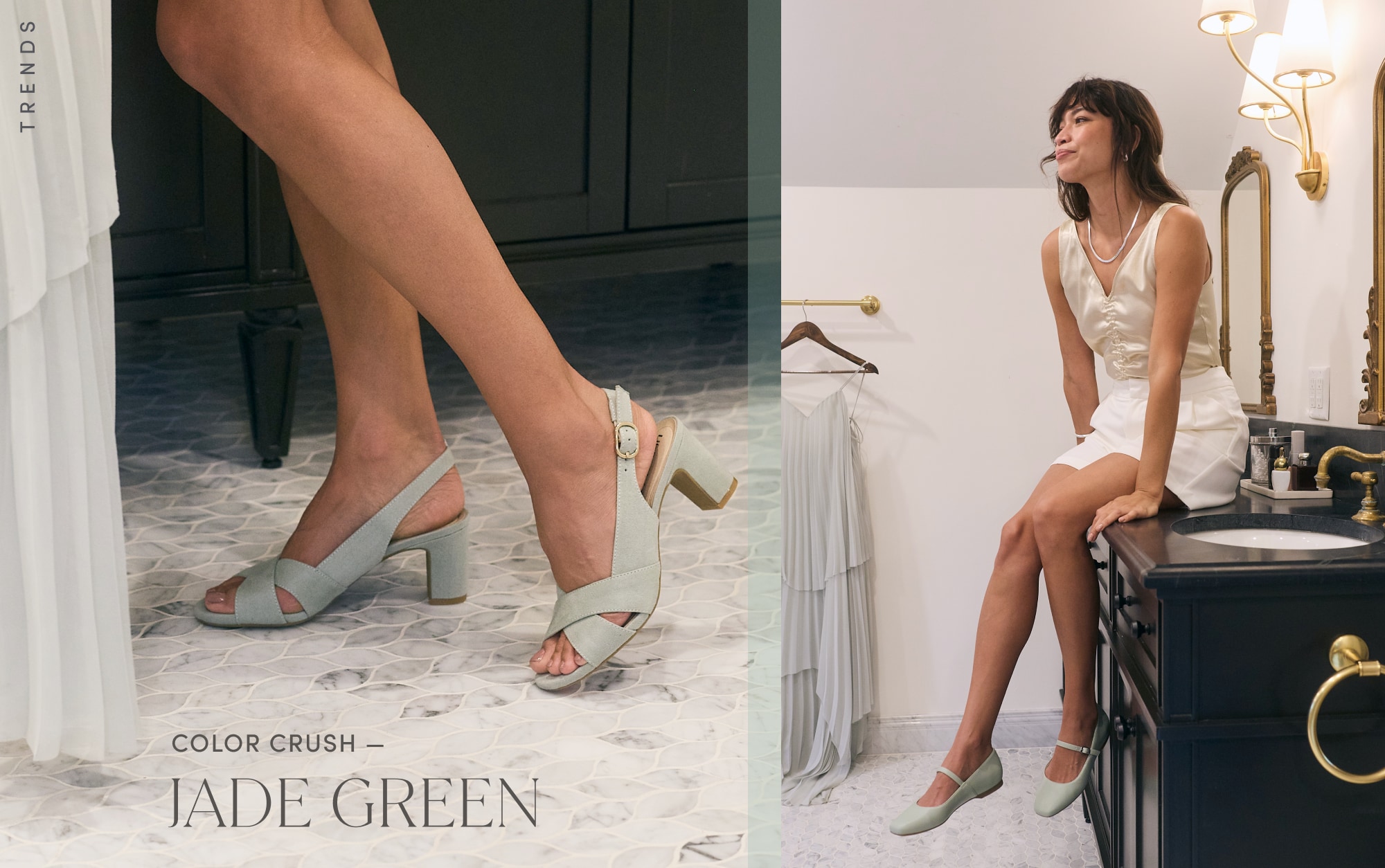 A woman wearing green heeled slingbacks with text reading “Color Crush — Jade Green.” She is on the right in a white outfit and green Mary Jane flats.