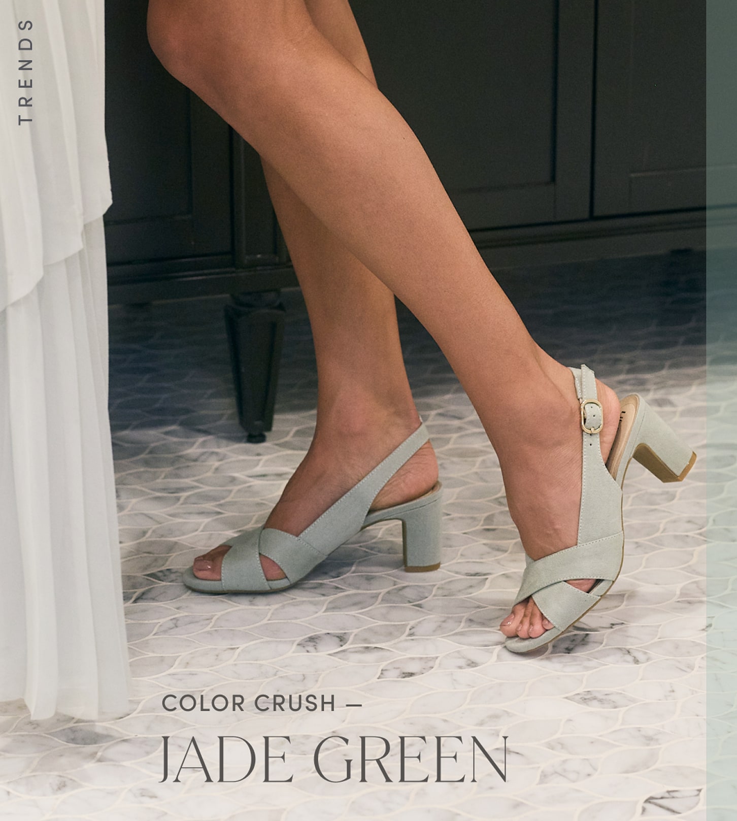 A woman wearing jade green slingback heels with overlaid text reading “Color Crush — Jade Green.”