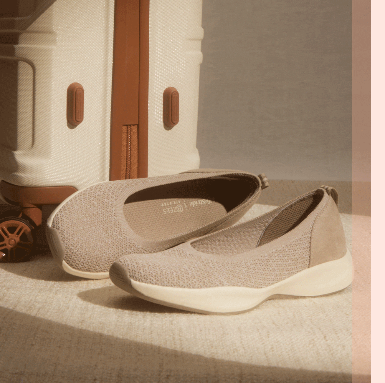 A pair of tan slip on shoes with a white sole sitting next to a suitcase. The image switches to a woman wearing a pair of perforated tan slip ons.