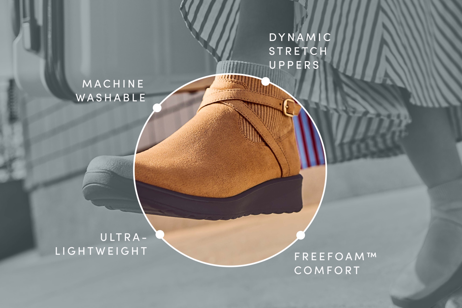 MACHINE WASHABLE. DYNAMIC STRETCH UPPERS. ULTRA- LIGHTWEIGHT. FREEFOAMT™ COMFORT.