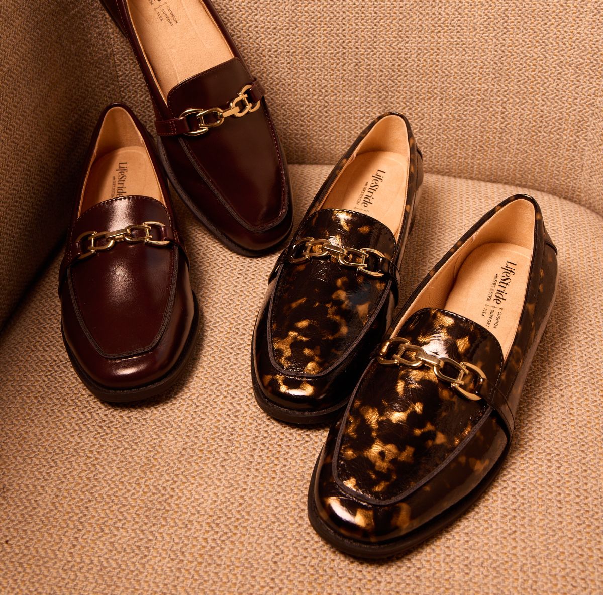 Three women's shoes in various animal prints on a red background.