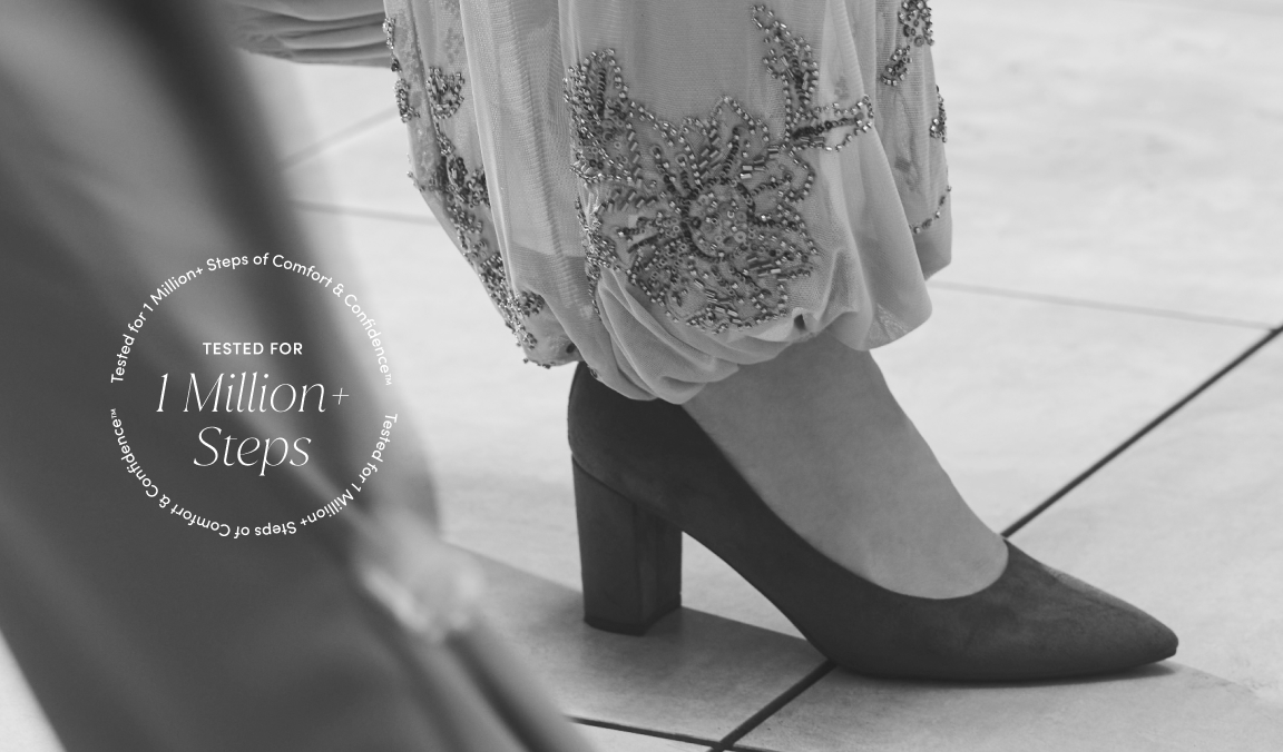 Closeup of a woman wearing a pointed toe pump. To the left is a logo with text saying 