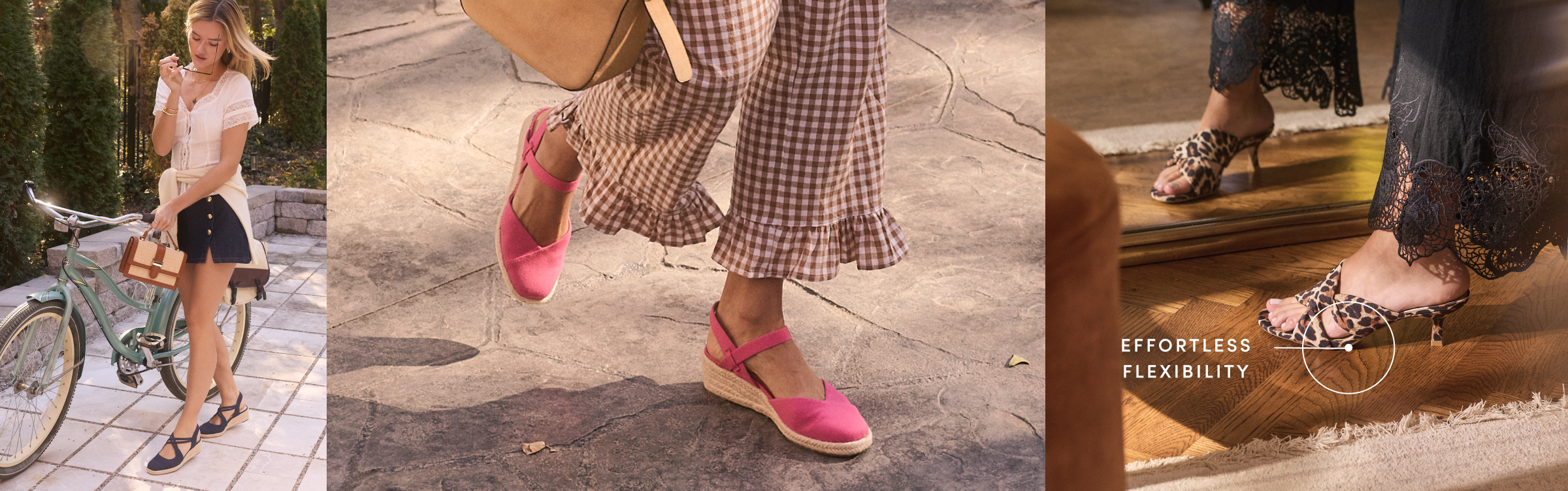 Three lifestyle shots showing women wearing espadrilles and leopard-print heeled sandals, with text reading 