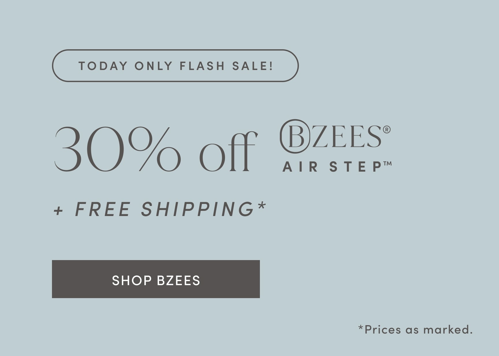 TODAY ONLY FLASH SALE! 30% off BZEES AIR STEP Plus FREE SHIPPING. Prices as marked. SHOP BZEES!