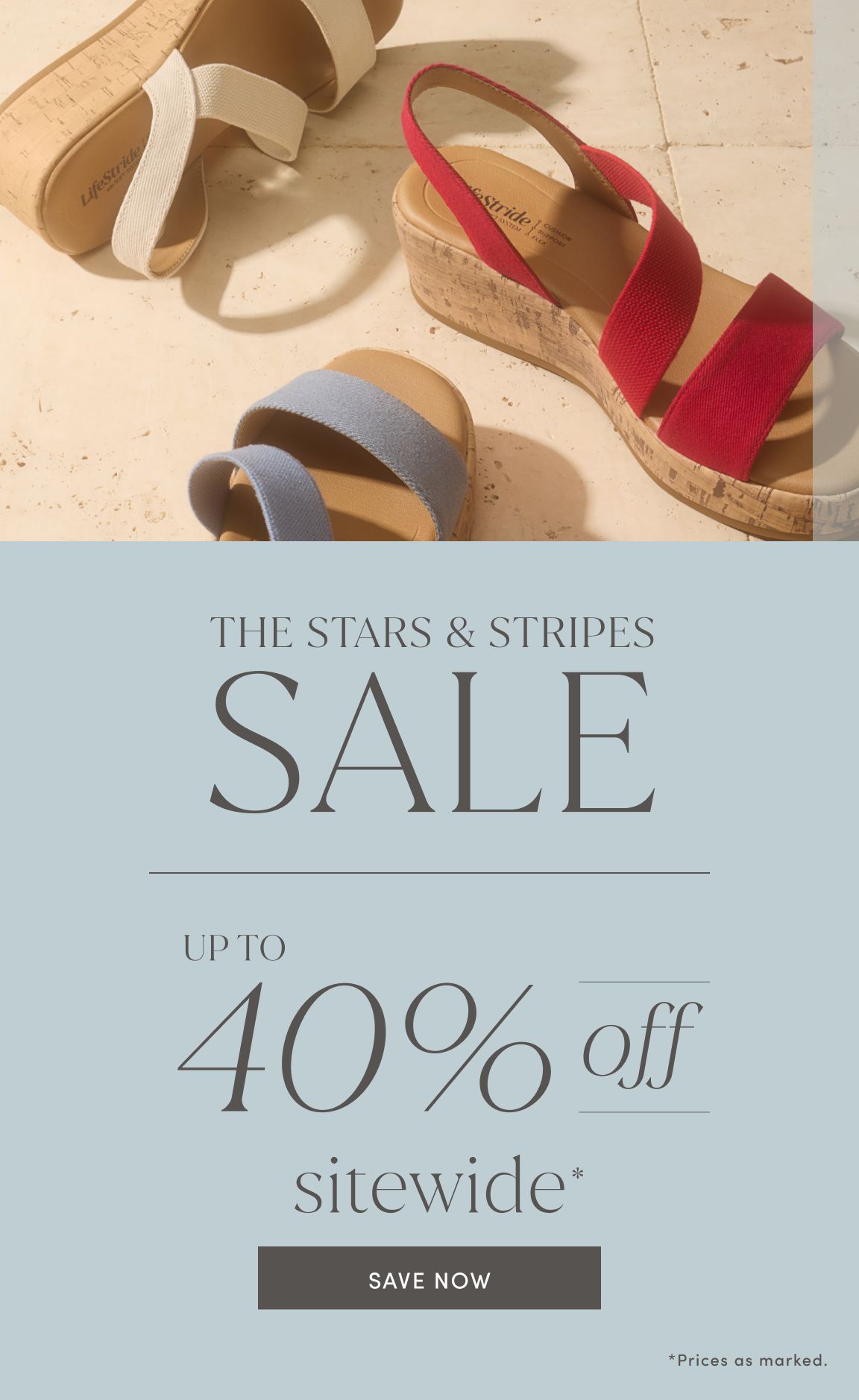 Blue banner highlighting LifeStride's Stars & Stripes Sale, up to 40% off. Above the banner are women's wedge sandals in red, white, and blue.
