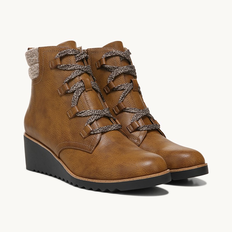 LifeStride Zone Lace Up Wedge Bootie Boots (Whiskey Brown Synthetic) Suede 9.5 M