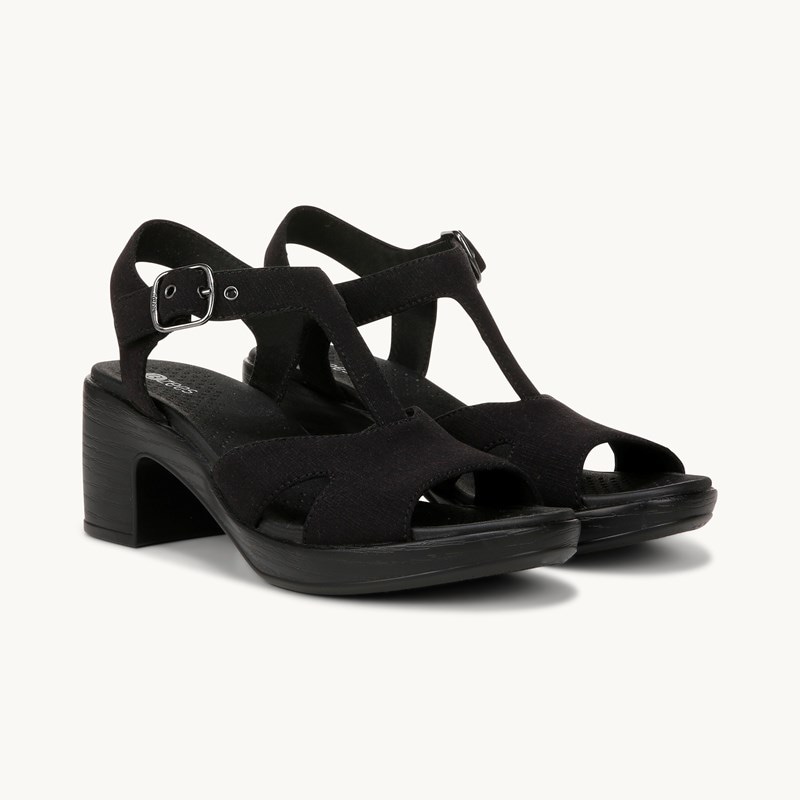 Bzees For LifeStride Shoes Everly Block Heel Sandal (Black Denim Fabric) 6.5 W