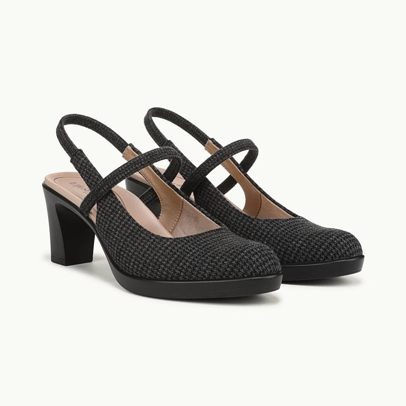 LifeStride Evoke Slingback Pump Shoes (Black/grey Houndstooth Fabric) 8.5 W