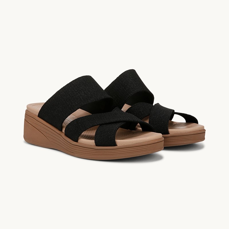 Bzees For LifeStride Shoes Fiona Wedge Sandal (Black Stretch Linen) Fabric 10.0 M