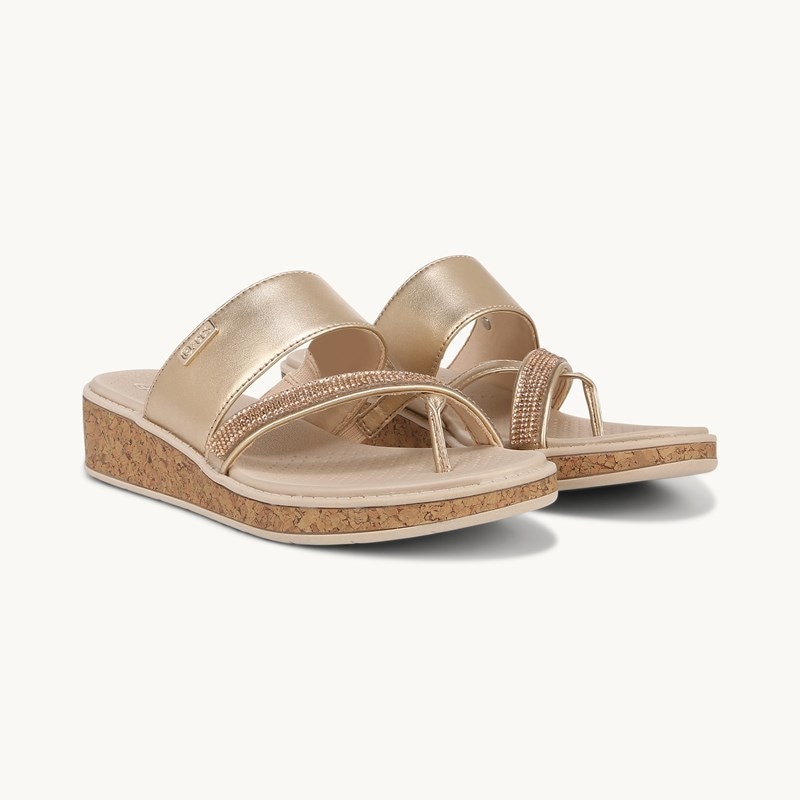 Bzees For LifeStride Shoes Bora Bright Wedge Thong Sandal (Gold Faux Leather) Fabric 8.0 W