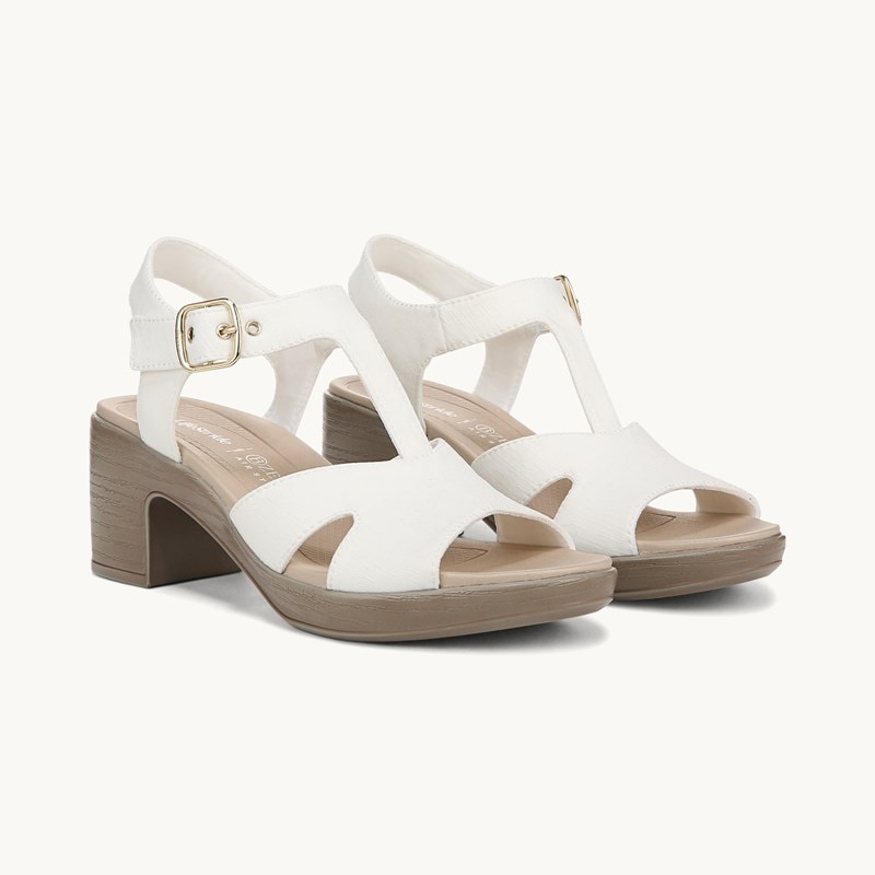 Bzees For LifeStride Shoes Everly Block Heel Sandal (White Stretch Denim Fabric) 7.5 M