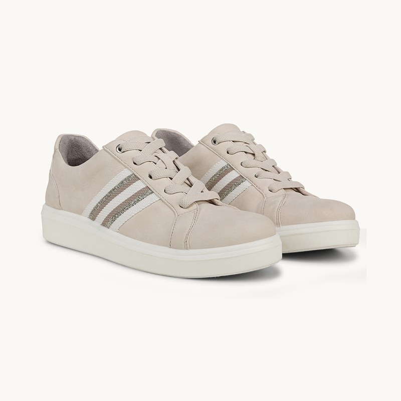 Bzees For LifeStride Happy Friday Lace Up Sneaker Shoes (Beige Stretch Faux Leather) Fabric 8.0 M