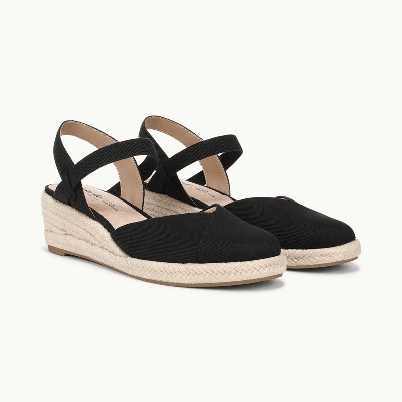 LifeStride Shoes Pilar Wedge Sandal (Black Canvas Fabric) 7.5 W
