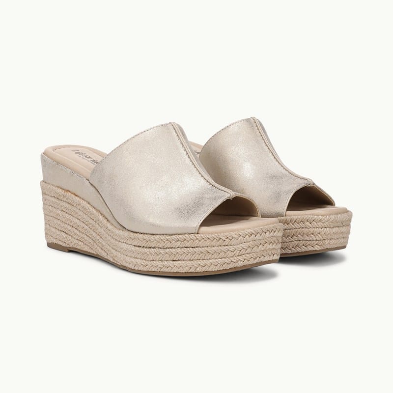 LifeStride Shoes Haute Platform Espadrille Sandal (Platino Gold Faux Leather) Fabric 9.0 W