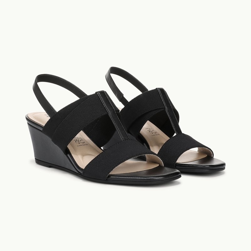 LifeStride Shoes Sweet Slingback Wedge Sandal (Black Faux Leather) 7.0 M