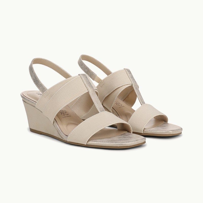 LifeStride Shoes Sweet Slingback Wedge Sandal (Platino Gold Faux Leather) 8.5 W
