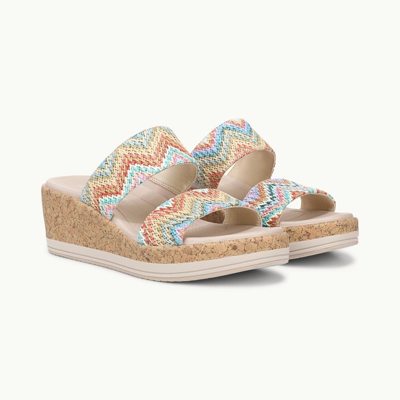 Bzees For LifeStride Shoes Resort Wedge Sandal (Blue Multi Faux Raffia) 6.0 M
